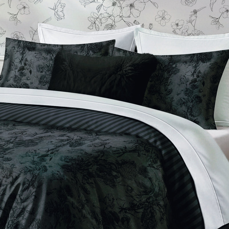 Flore - Housse De Couette + 1 Ou 2 Taie(S) D'Oreiller Satin De Coton Flore Noir / Gris