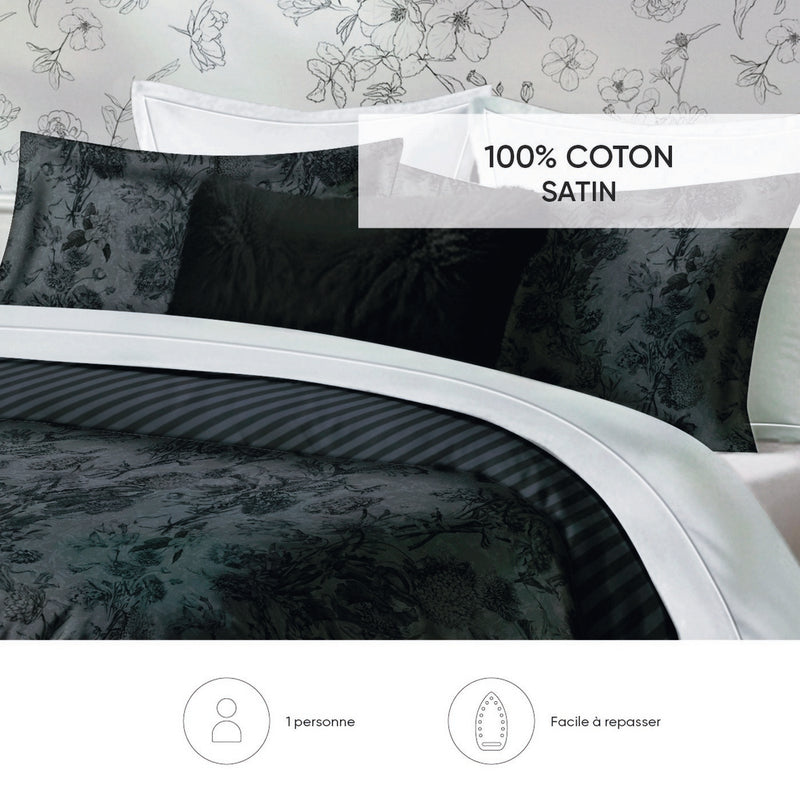 Flore - Housse De Couette + 1 Ou 2 Taie(S) D'Oreiller Satin De Coton Flore Noir / Gris