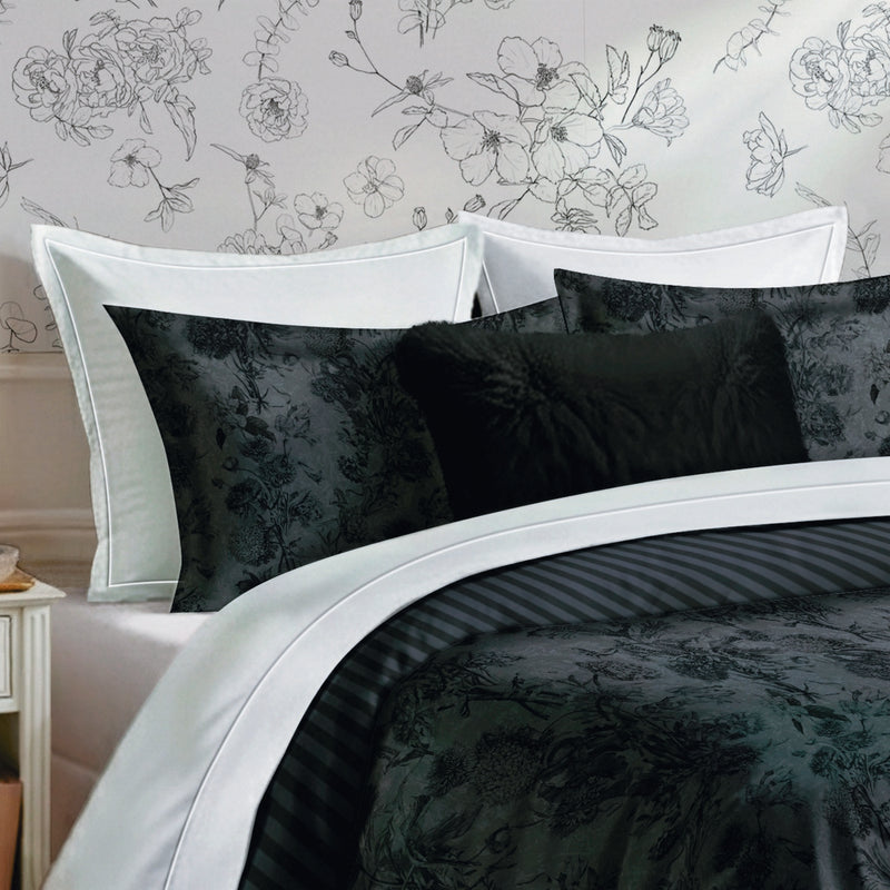 Flore - Housse De Couette + 1 Ou 2 Taie(S) D'Oreiller Satin De Coton Flore Noir / Gris
