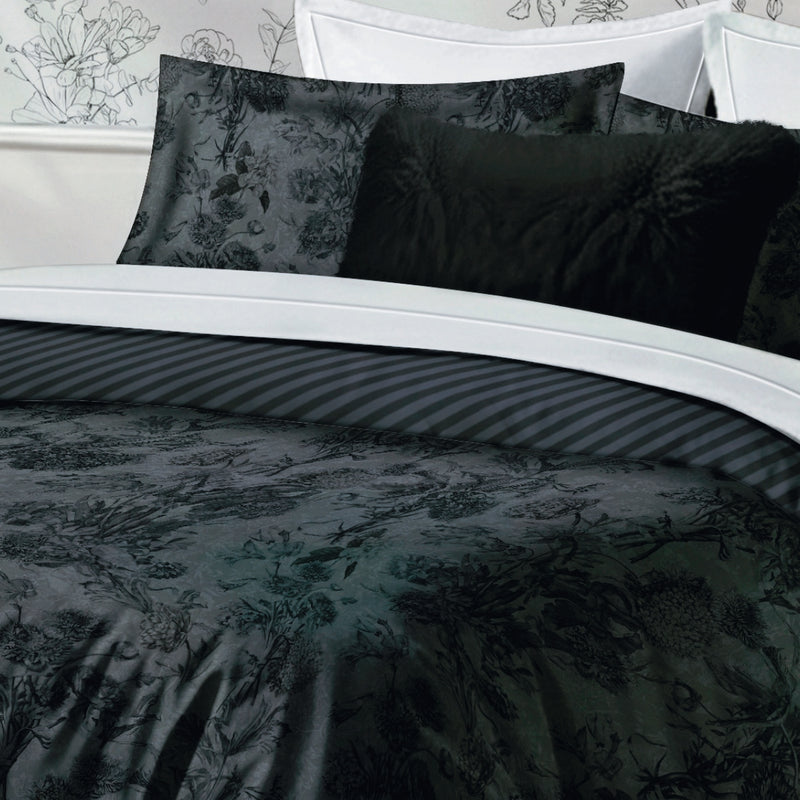 Flore - Housse De Couette + 1 Ou 2 Taie(S) D'Oreiller Satin De Coton Flore Noir / Gris