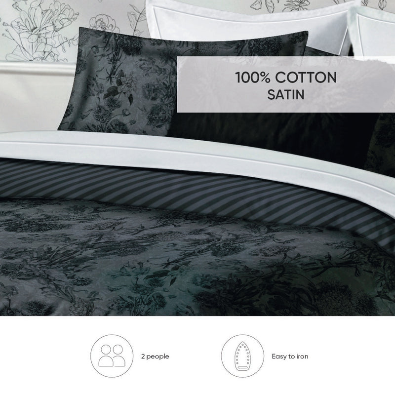 Flore - Housse De Couette + 1 Ou 2 Taie(S) D'Oreiller Satin De Coton Flore Noir / Gris