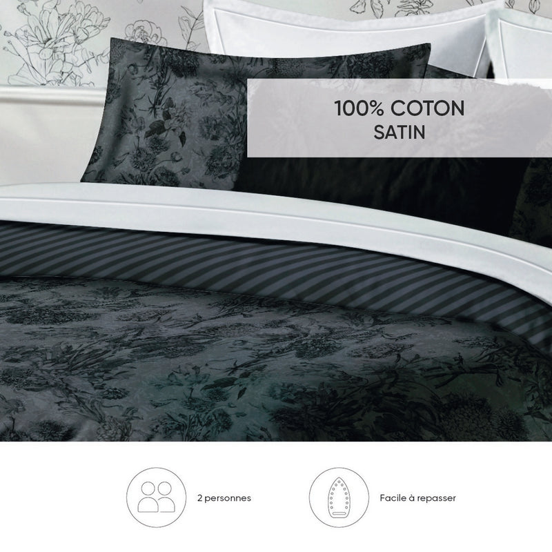 Flore - Housse De Couette + 1 Ou 2 Taie(S) D'Oreiller Satin De Coton Flore Noir / Gris