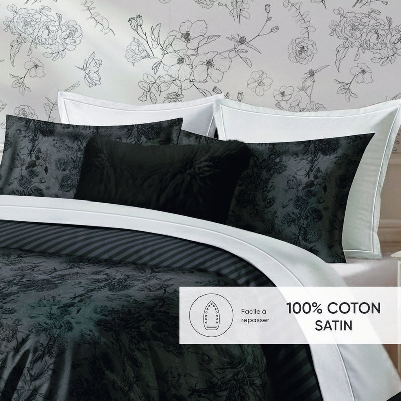 Flore - Set De 2 Taies D'Oreiller Satin De Coton Flore Noir / Gris