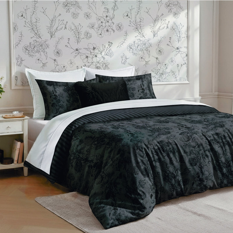 Flore - Set De 2 Taies D'Oreiller Satin De Coton Flore Noir / Gris