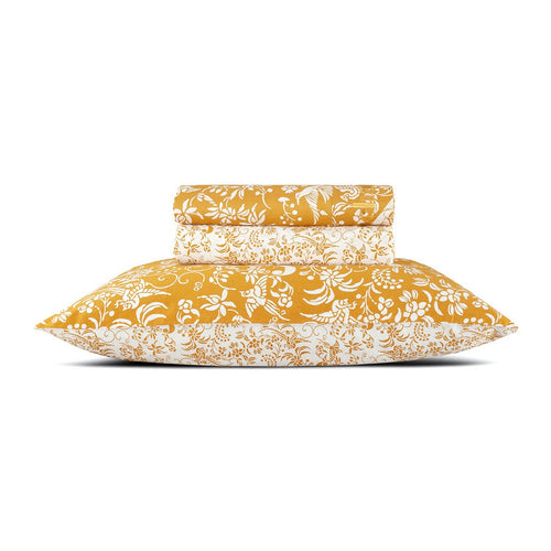 Birds - Ensemble De Draps : Drap-Housse, Drap Plat Et 1 Taie D'Oreiller En Satin De Coton - Dessin Birds Jaune