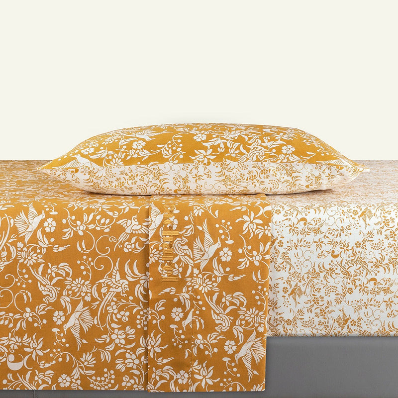 Birds - Ensemble De Draps : Drap-Housse, Drap Plat Et 1 Taie D'Oreiller En Satin De Coton - Dessin Birds Jaune