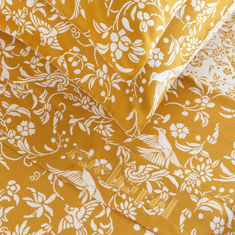 Birds - Ensemble De Draps : Drap-Housse, Drap Plat Et 1 Taie D'Oreiller En Satin De Coton - Dessin Birds Jaune