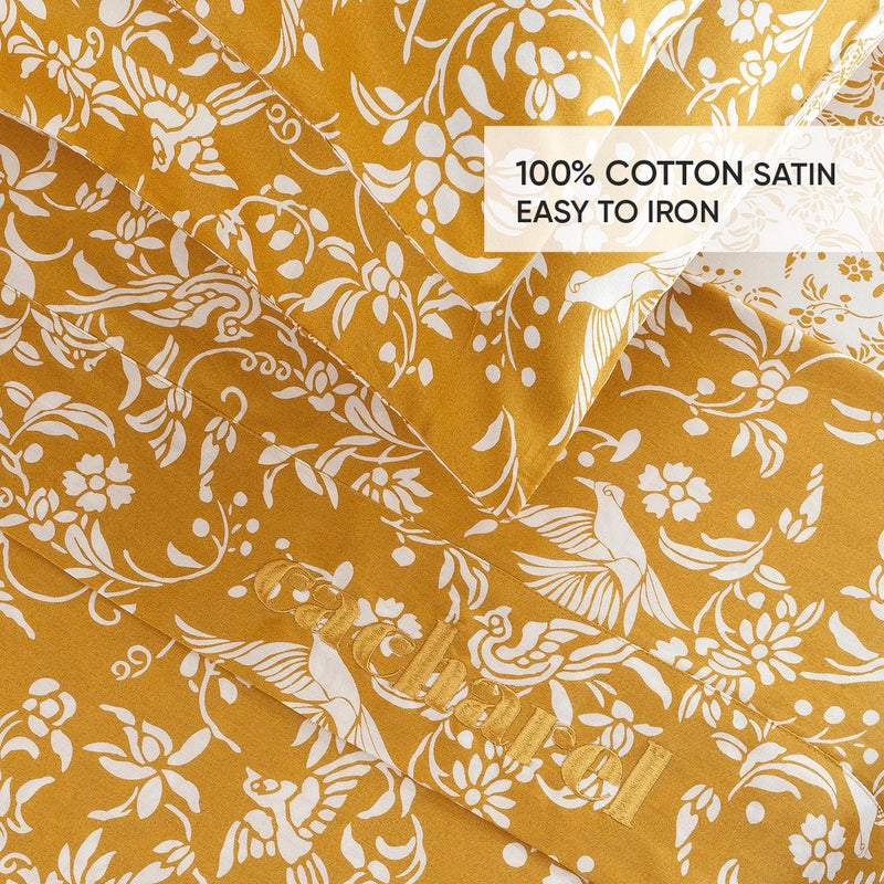 Birds - Ensemble De Draps : Drap-Housse, Drap Plat Et 1 Taie D'Oreiller En Satin De Coton - Dessin Birds Jaune