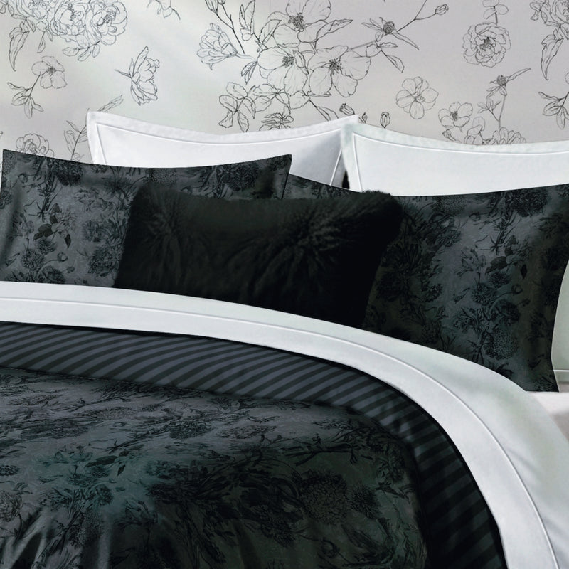 Flore - Set De 2 Taies D'Oreiller Satin De Coton Flore Noir / Gris