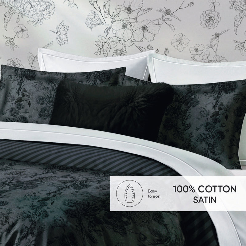 Flore - Set De 2 Taies D'Oreiller Satin De Coton Flore Noir / Gris