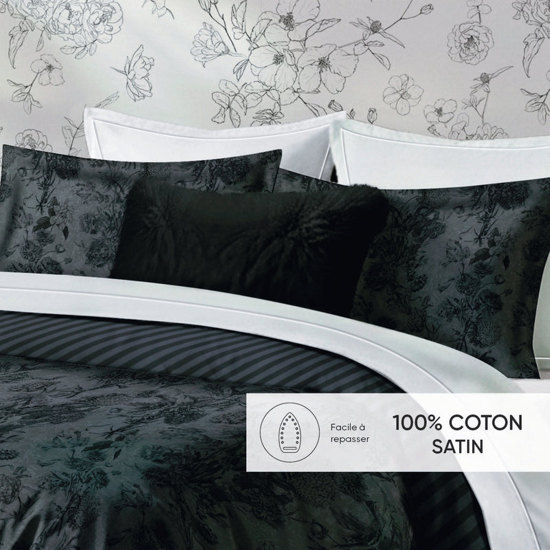 Flore - Set De 2 Taies D'Oreiller Satin De Coton Flore Noir / Gris