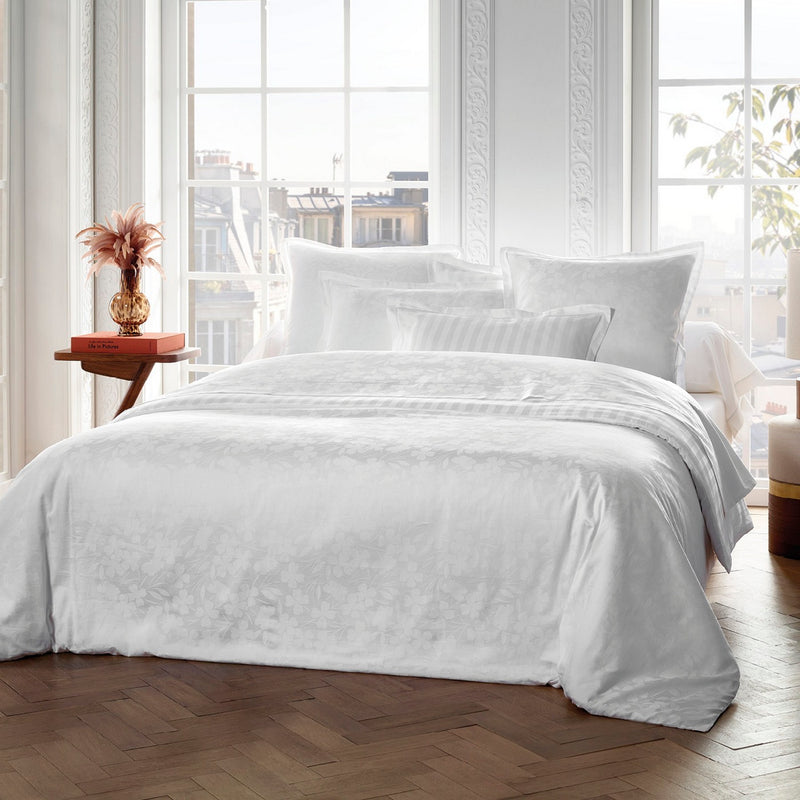 Jacquard - Taie D'Oreiller Satin De Coton Tissé Jacquard Petites Fleurs Blanc