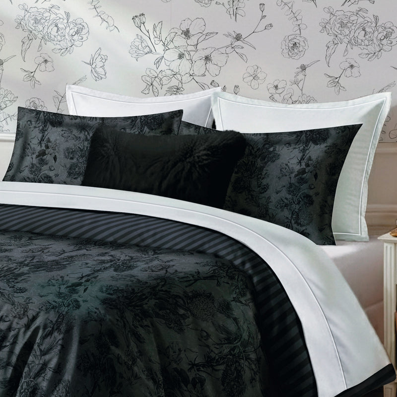 Flore - Taie De Traversin Satin De Coton Flore Noir / Gris