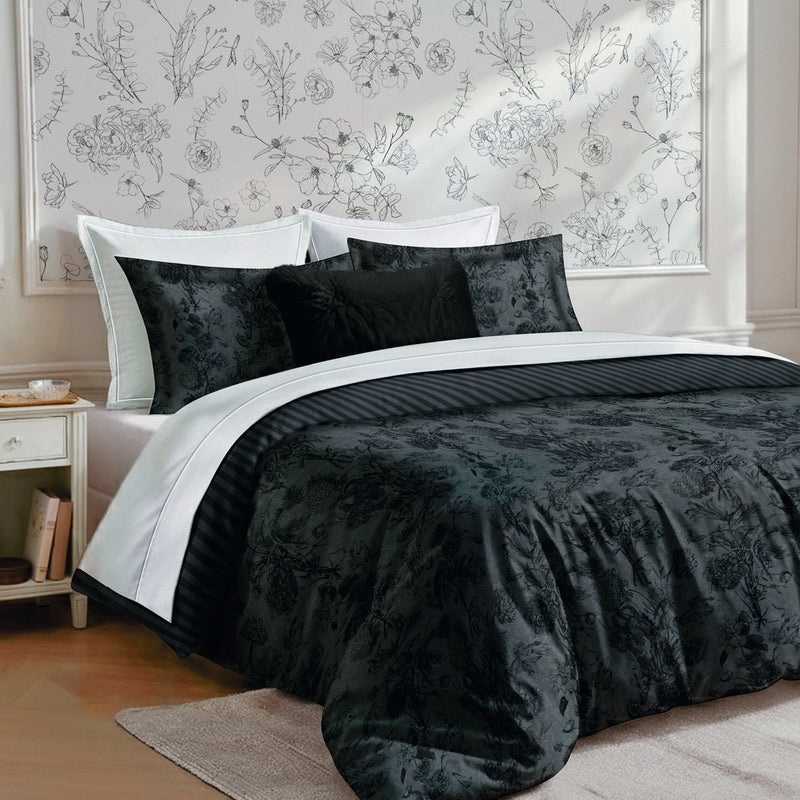 Flore - Taie De Traversin Satin De Coton Flore Noir / Gris