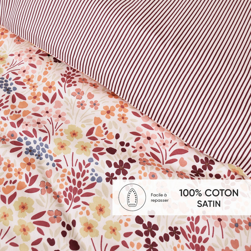 Fleurs Des Champs - Taie De Traversin Satin De Coton Fleurs Des Champs Bordeaux