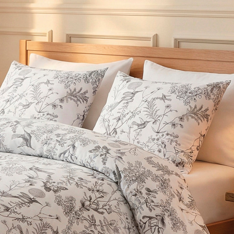 Jardin Du Colibri - Housse De Couette + 1 Ou 2 Taie(S) D'Oreiller Satin De Coton Jardin Du Colibri Noir Gris