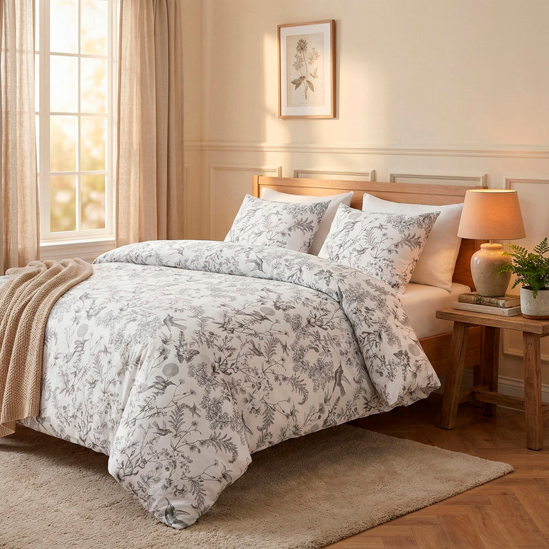 Jardin Du Colibri - Housse De Couette + 1 Ou 2 Taie(S) D'Oreiller Satin De Coton Jardin Du Colibri Noir Gris