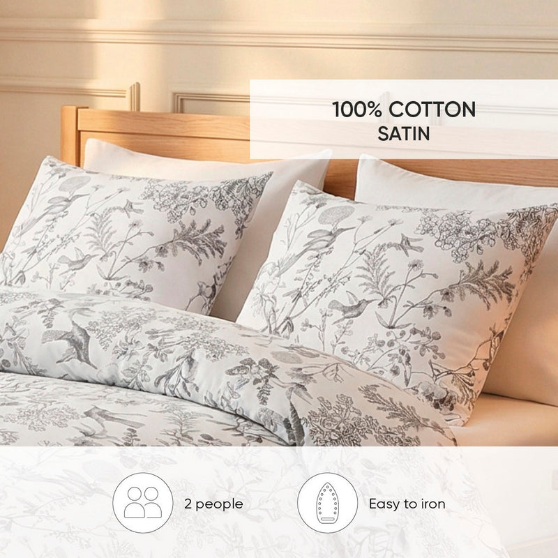 Jardin Du Colibri - Housse De Couette + 1 Ou 2 Taie(S) D'Oreiller Satin De Coton Jardin Du Colibri Noir Gris