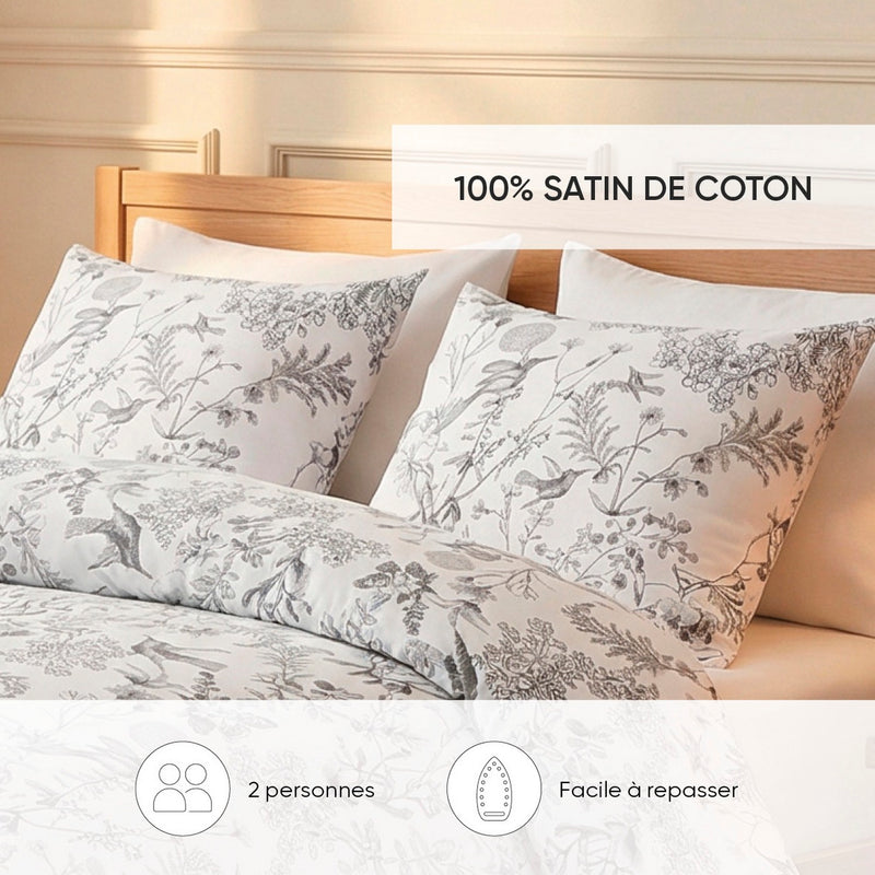 Jardin Du Colibri - Housse De Couette + 1 Ou 2 Taie(S) D'Oreiller Satin De Coton Jardin Du Colibri Noir Gris