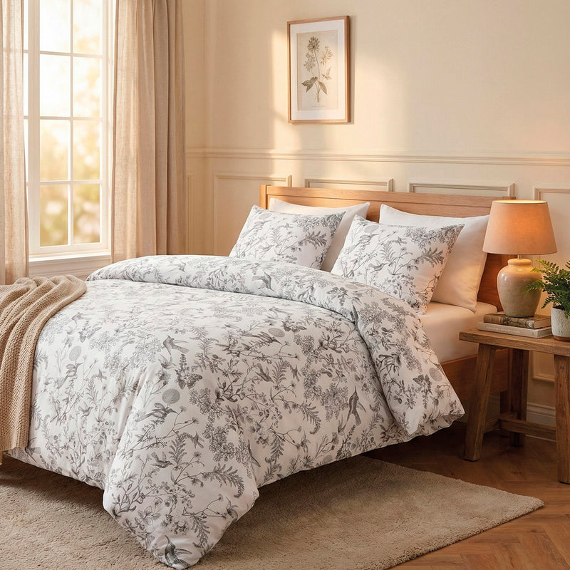 Jardin Du Colibri - Set De 2 Taies D'Oreiller Satin De Coton Jardin Du Colibri Noir Gris