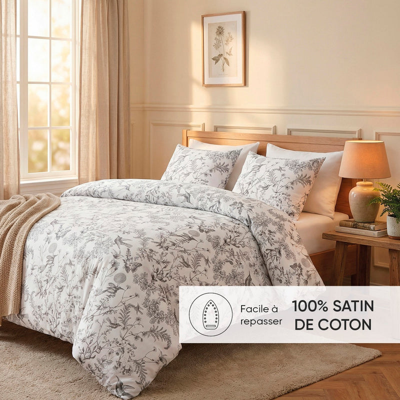 Jardin Du Colibri - Set De 2 Taies D'Oreiller Satin De Coton Jardin Du Colibri Noir Gris