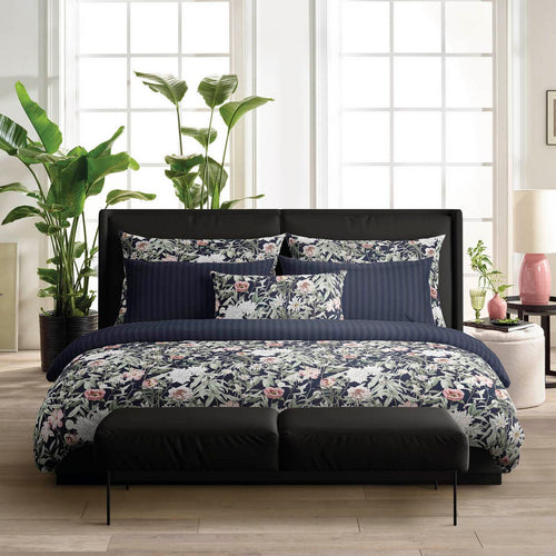 Bouquet De Nuit - Housse De Couette + 1 Ou 2 Taie(S) D'Oreiller Satin De Coton Bouquet De Nuit Bleu Foncé