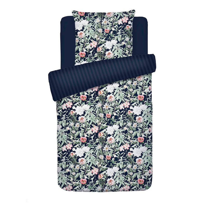 Bouquet De Nuit - Housse De Couette + 1 Ou 2 Taie(S) D'Oreiller Satin De Coton Bouquet De Nuit Bleu Foncé
