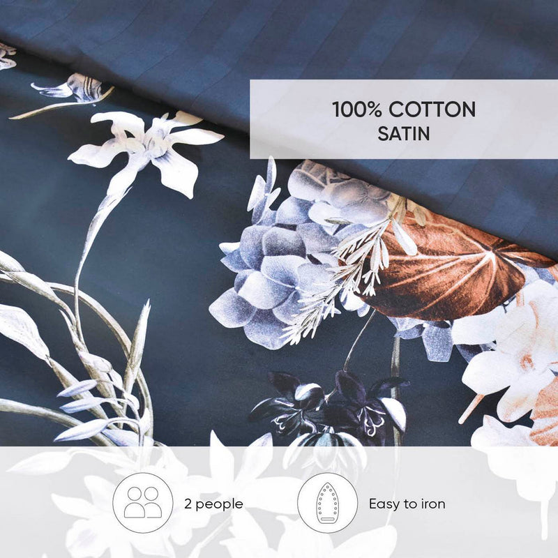 Bouquet D'Hortensias - Housse De Couette + 1 Ou 2 Taie(S) D'Oreiller Satin De Coton Bouquet D'Hortensias Bleu Foncé