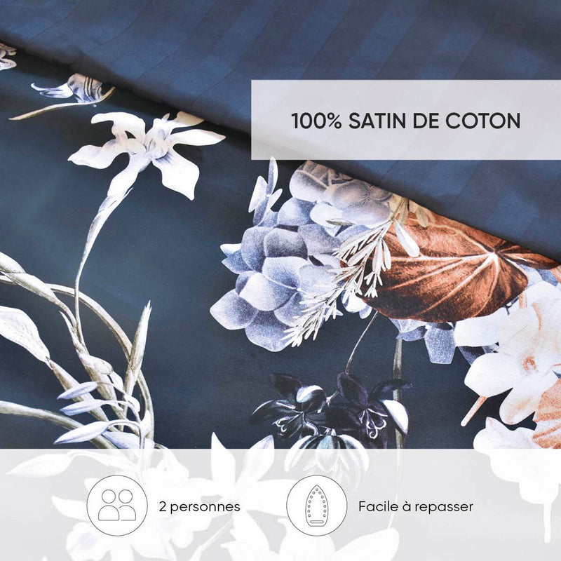 Bouquet D'Hortensias - Housse De Couette + 1 Ou 2 Taie(S) D'Oreiller Satin De Coton Bouquet D'Hortensias Bleu Foncé