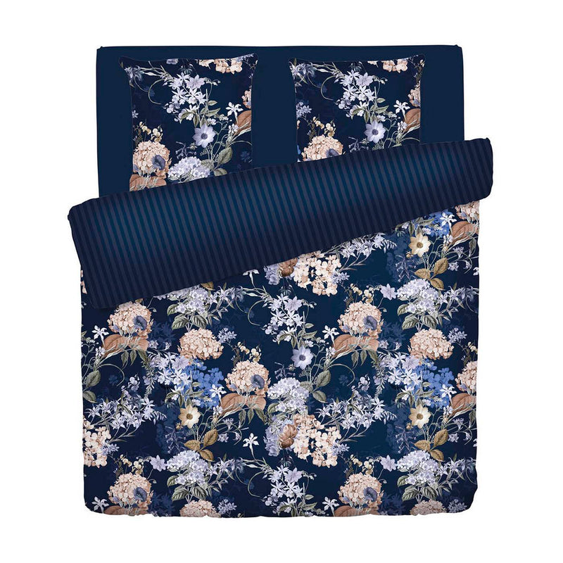 Bouquet D'Hortensias - Housse De Couette + 1 Ou 2 Taie(S) D'Oreiller Satin De Coton Bouquet D'Hortensias Bleu Foncé