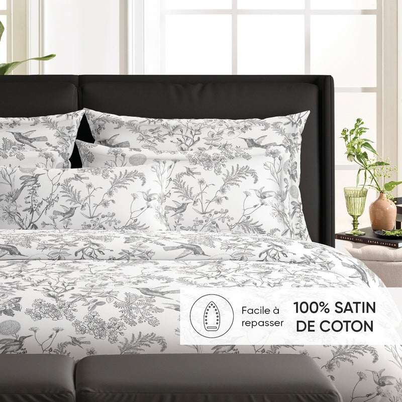 Jardin Du Colibri - Taie De Traversin Satin De Coton Jardin Du Colibri Noir Gris