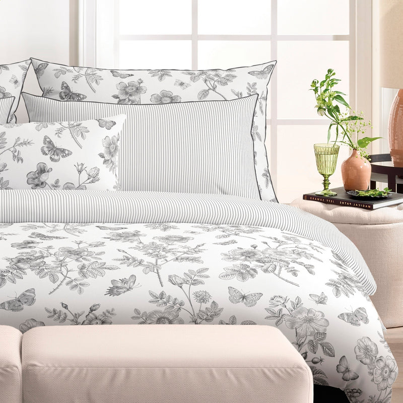 Envolée De Papillons - Drap-Housse Satin De Coton Rayures Fines Gris