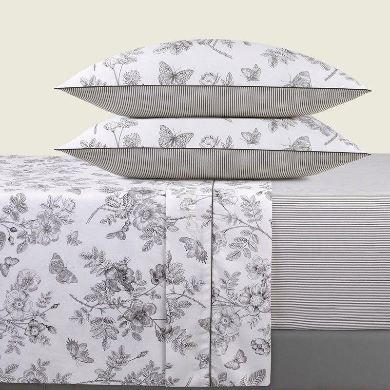 Envolée De Papillons - Ensemble De Draps Satin De Coton Envolée De Papillons Blanc