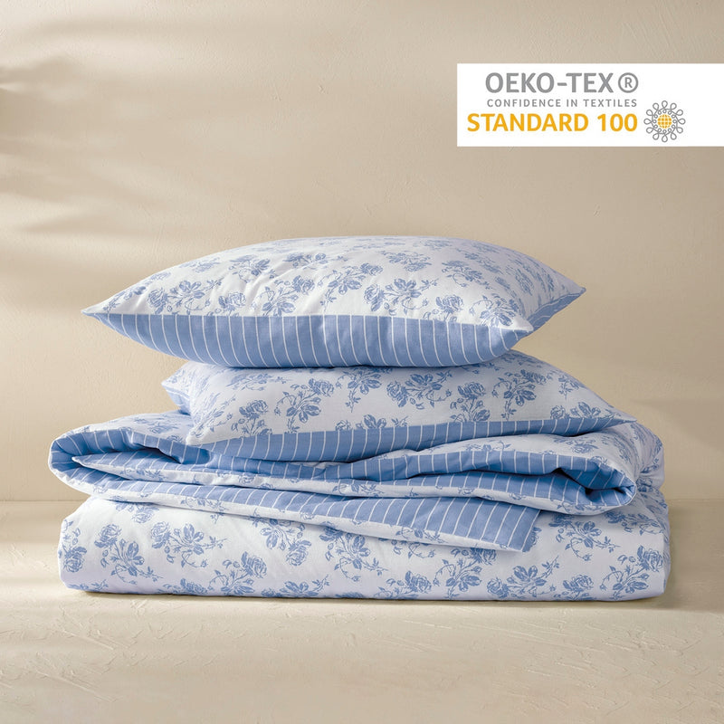 Roses - Drap-Housse Lin / Coton Uni Bleu Clair