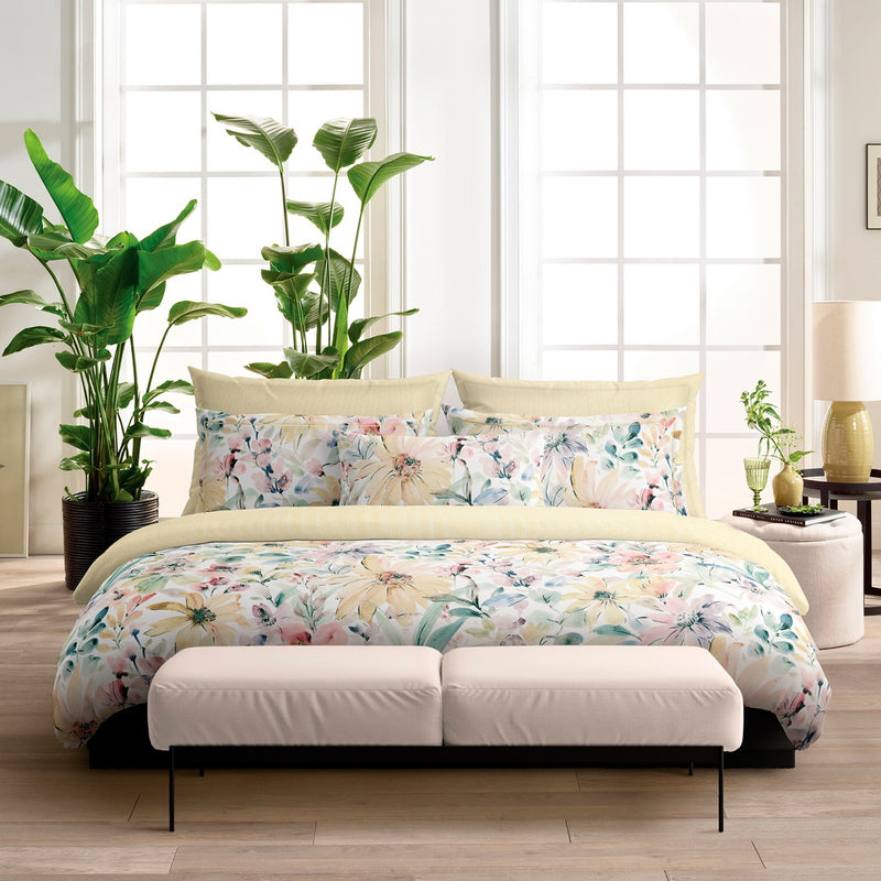 Douceur Florale - Taie De Traversin Satin De Coton Rayures Peintes Jaune