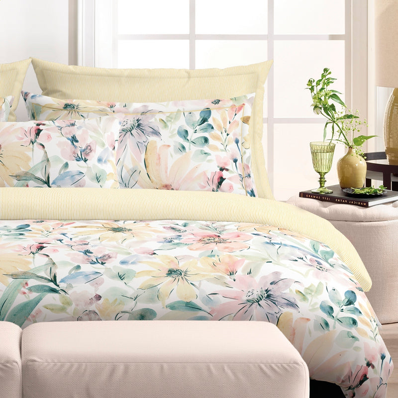 Douceur Florale - Taie De Traversin Satin De Coton Rayures Peintes Jaune