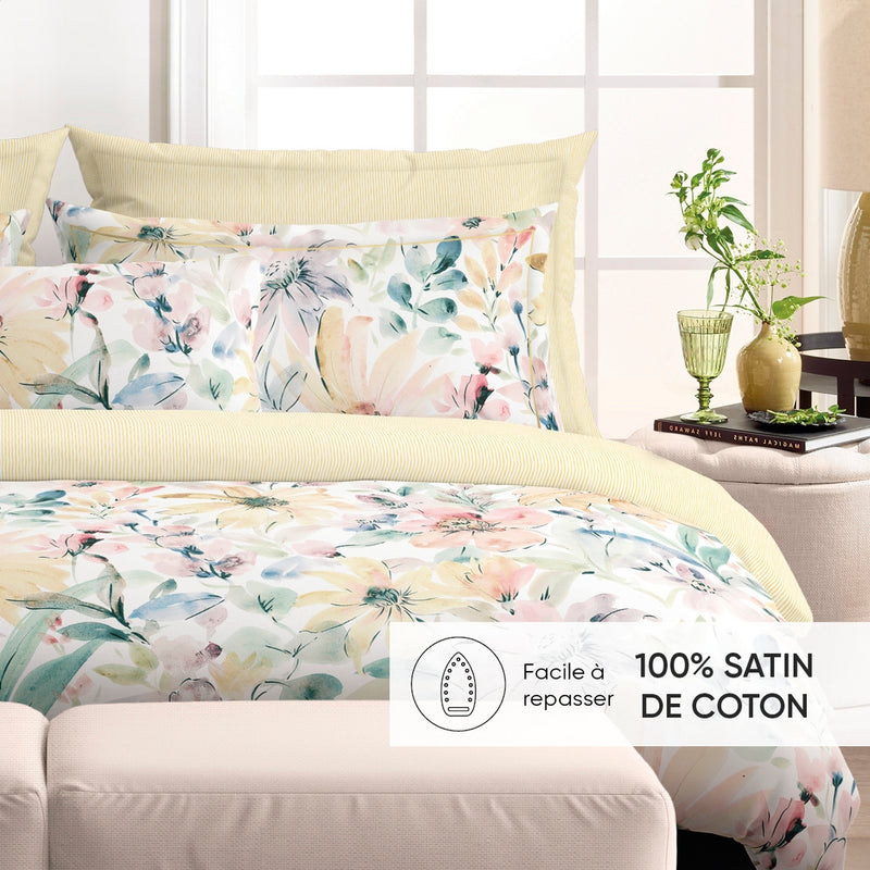 Douceur Florale - Drap Plat Satin De Coton Rayures Peintes Jaune