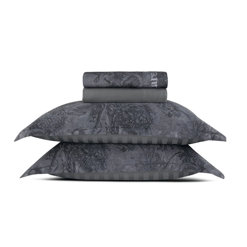 Flore - Ensemble De Draps Satin De Coton Flore Noir / Gris