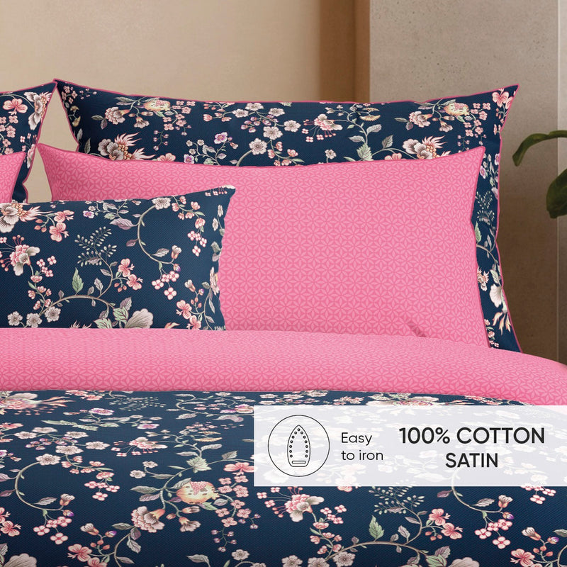 Jardin Secret - Set De 2 Taies D'Oreiller Satin De Coton Jardin Secret Bleu Foncé / Rose