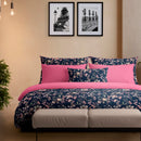 Jardin Secret - Set De 2 Taies D'Oreiller Satin De Coton Jardin Secret Bleu Foncé / Rose