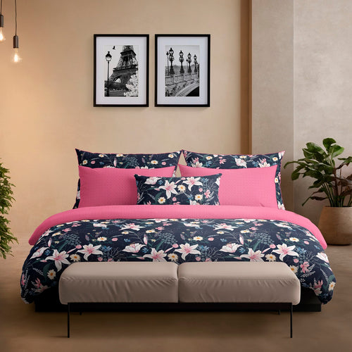 Fleur De Minuit - Housse De Couette + 1 Ou 2 Taie(s) D'Oreiller - Satin De Coton - Bleu Foncé/Rose