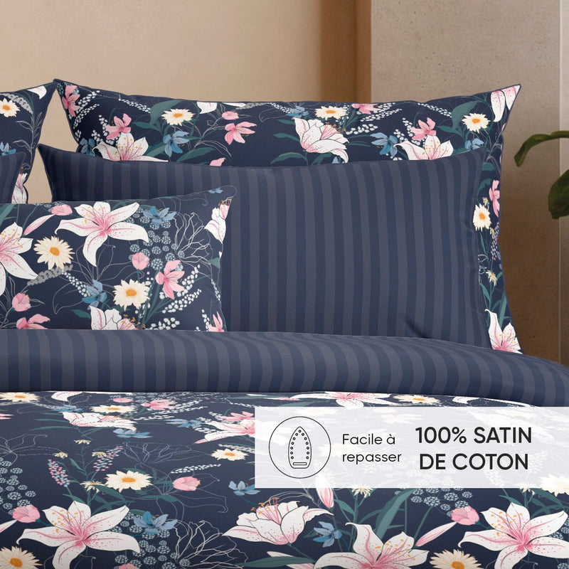 Fleur De Minuit - Set De 2 Taies D'Oreiller Satin De Coton Fleur De Minuit Bleu Foncé