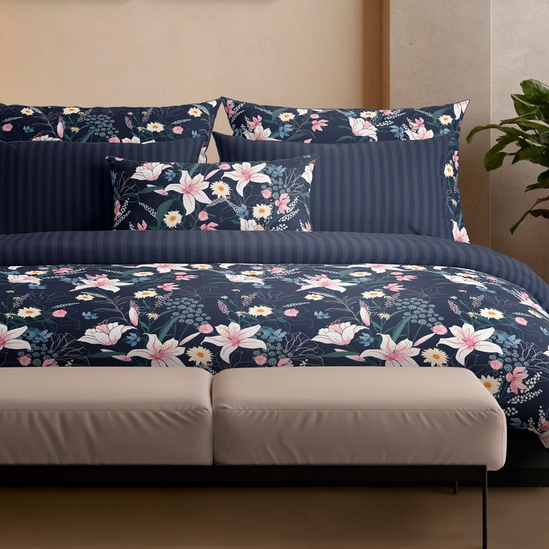 Fleur De Minuit - Set De 2 Taies D'Oreiller Satin De Coton Fleur De Minuit Bleu Foncé