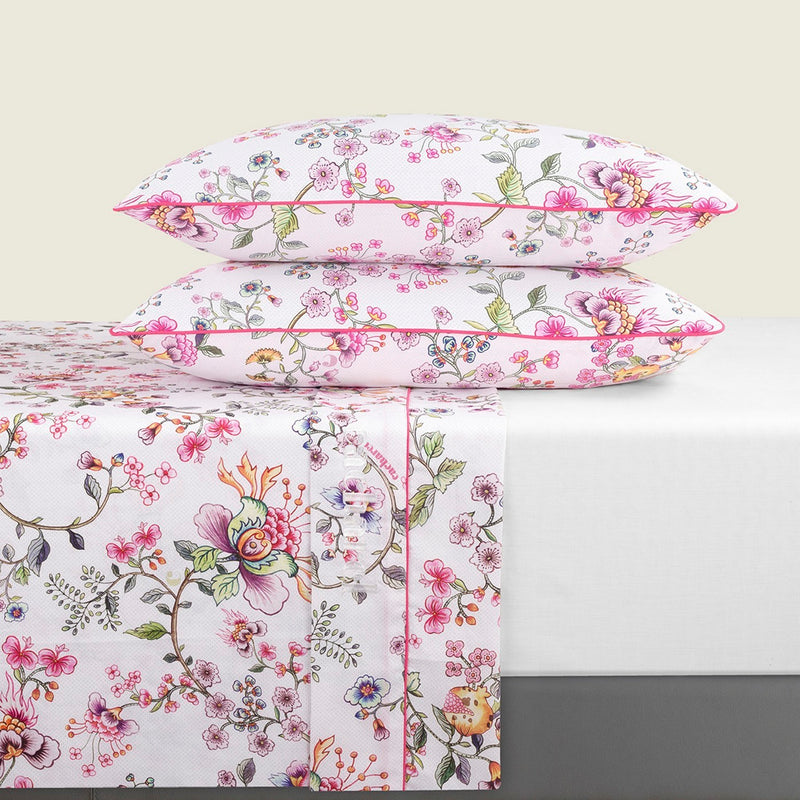 Jardin Secret - Ensemble De Draps Satin De Coton - Jardin Secret Blanc / Rose Blush