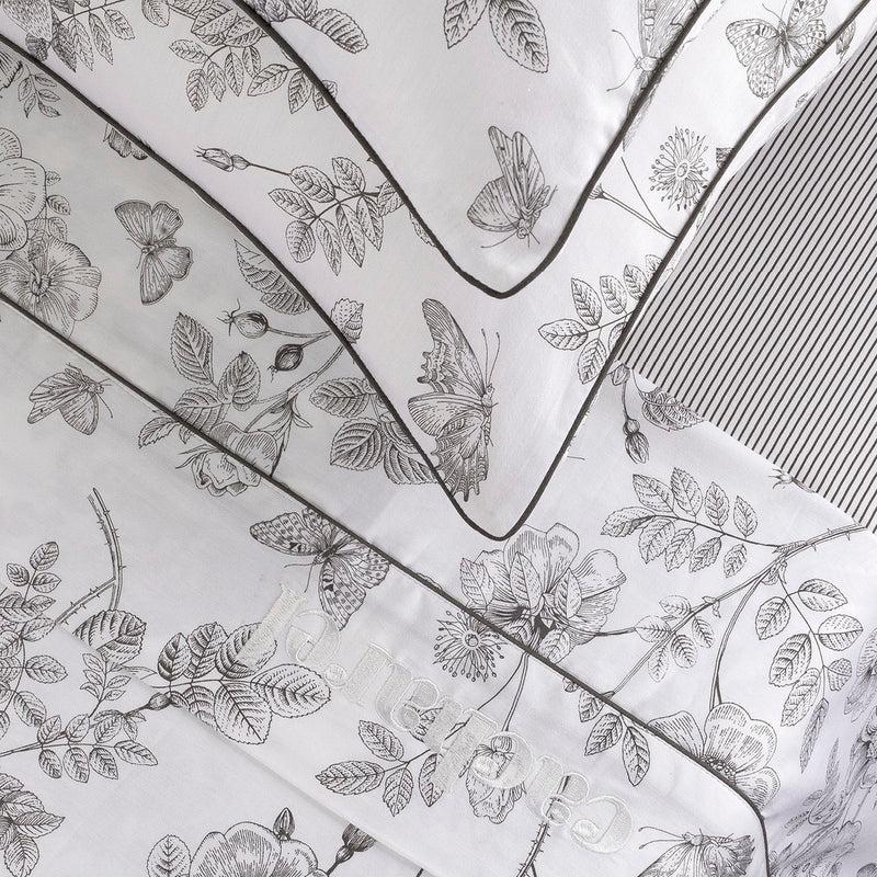 Jardin Du Colibri - Drap Plat Satin De Coton - Jardin Du Colibri Noir Gris