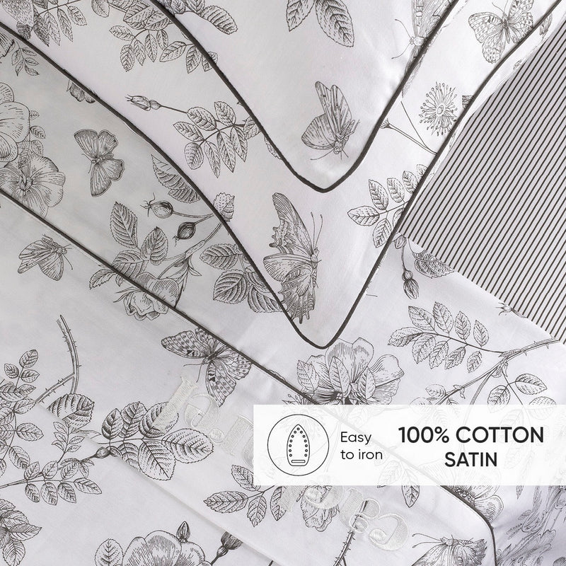 Jardin Du Colibri - Drap Plat Satin De Coton - Jardin Du Colibri Noir Gris