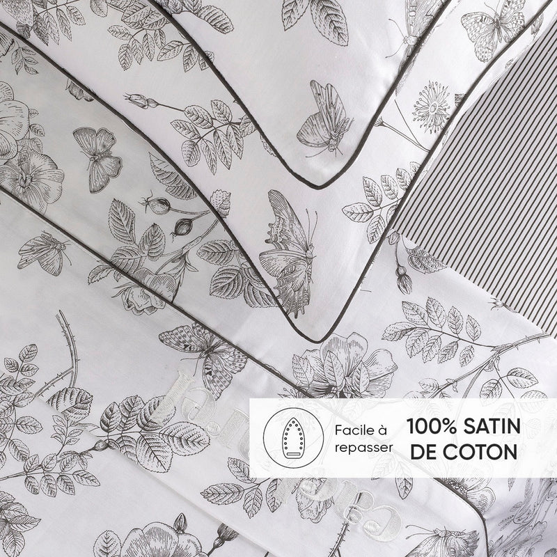 Jardin Du Colibri - Drap Plat Satin De Coton - Jardin Du Colibri Noir Gris