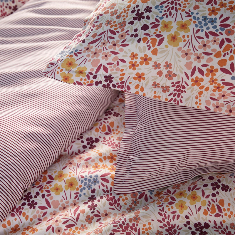 Fleurs Des Champs - Drap Plat Satin De Coton - Fleurs Des Champs Bordeaux