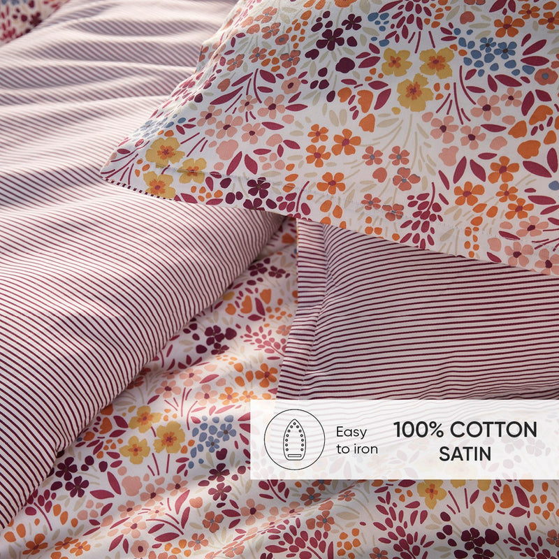 Fleurs Des Champs - Drap Plat Satin De Coton - Fleurs Des Champs Bordeaux