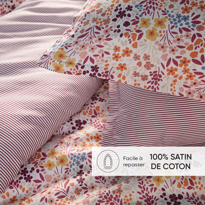 Fleurs Des Champs - Drap Plat Satin De Coton - Fleurs Des Champs Bordeaux